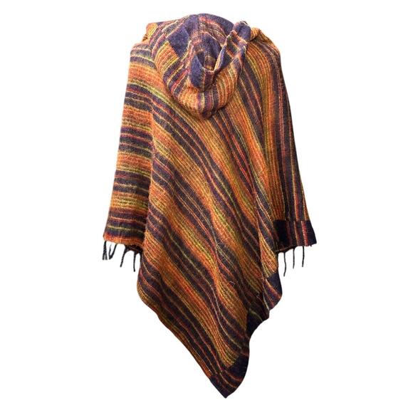 Colorful Wool Striped Hooded Poncho Cape with Fringe One Size - Picture 3 of 7